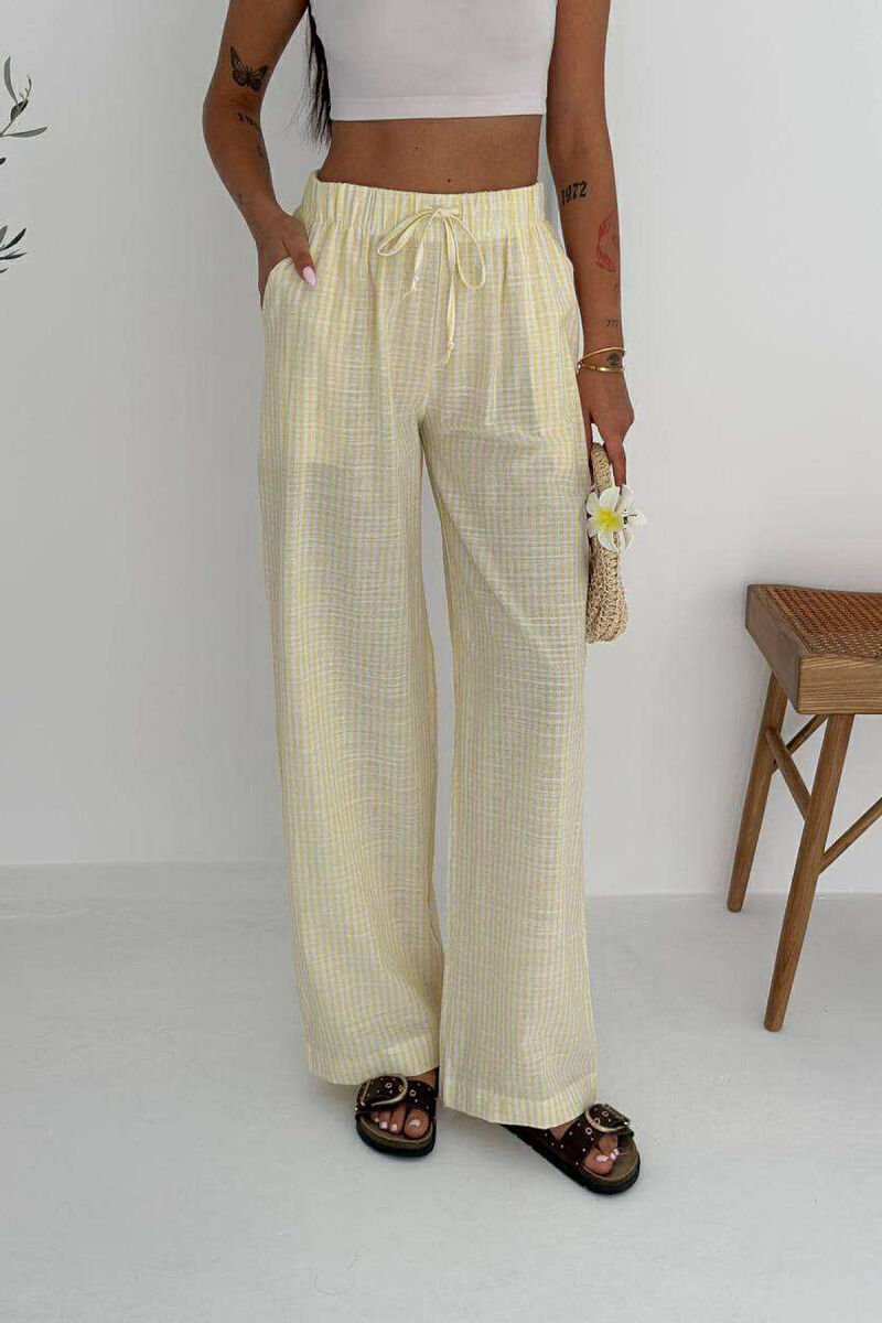 WIDE LEG STRIPE DESIGN WOMEN TROUSERS YELLOW/E VERDHE - 1
