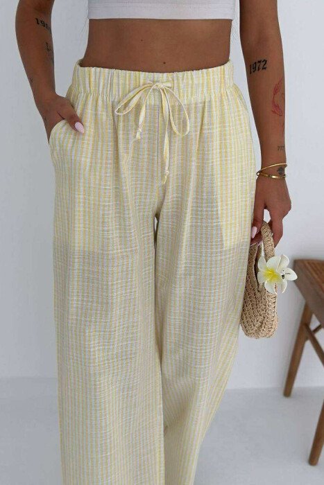 WIDE LEG STRIPE DESIGN WOMEN TROUSERS YELLOW/E VERDHE - 2