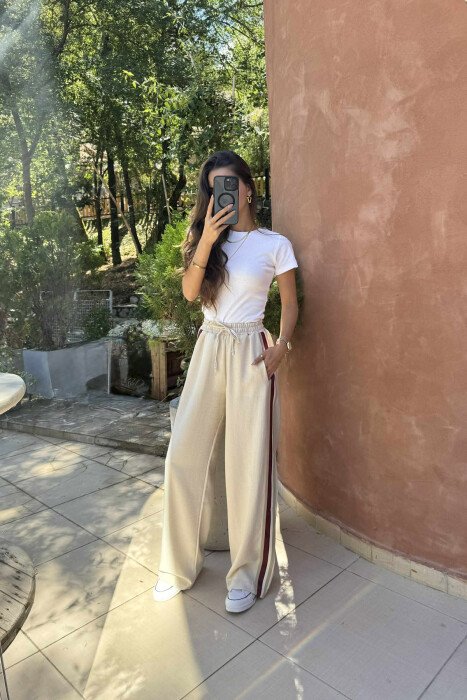 WIDE LEG STRIPED WOMEN TROUSERS CREAM/KREM - 3