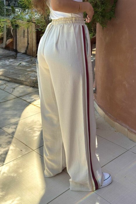 WIDE LEG STRIPED WOMEN TROUSERS CREAM/KREM - 4