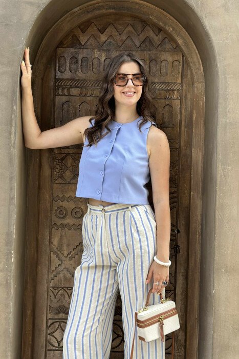 WIDE LEG STRIPED WOMEN TROUSERS CREAM/KREM - 5