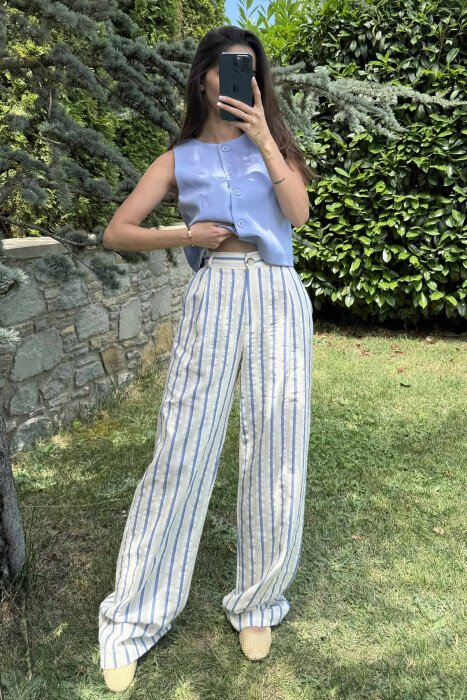 WIDE LEG STRIPED WOMEN TROUSERS CREAM/KREM - 1