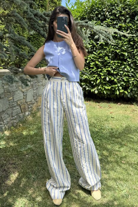 WIDE LEG STRIPED WOMEN TROUSERS CREAM/KREM - 4
