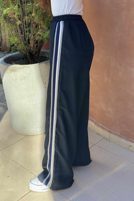 WIDE LEG STRIPED WOMEN TROUSERS DARK BLUE/BEE - 4