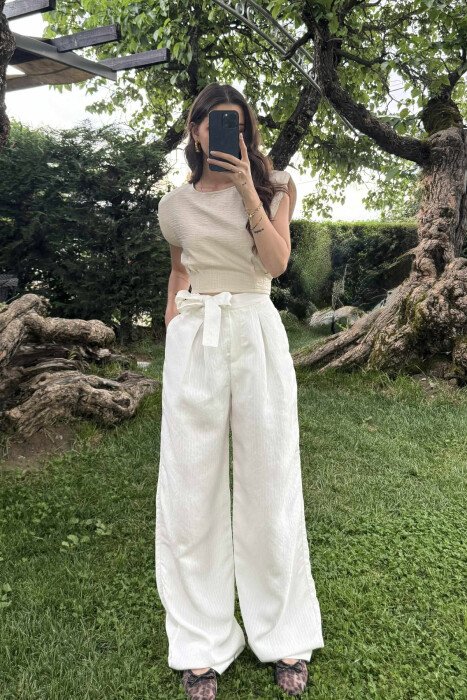 WIDE LEG STRIPES LACINGS WOMEN TROUSERS WHITE-E BARDHE - KLAUDIO FASHION