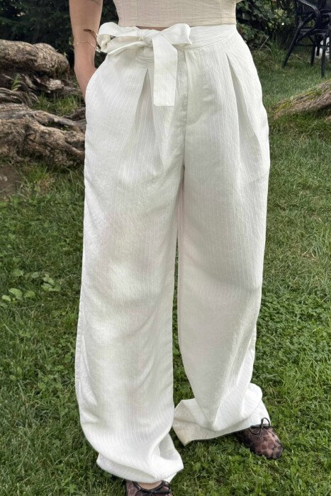 WIDE LEG STRIPES LACINGS WOMEN TROUSERS WHITE-E BARDHE - 2