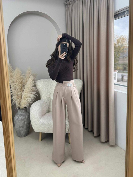 WIDE LEG ONE COLOR WOMAN TROUSERS BEIGE/BEZHE - KLAUDIO FASHION