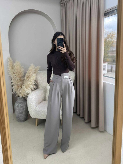 WIDE LEG ONE COLOR WOMAN TROUSERS GREY/GRI - KLAUDIO FASHION