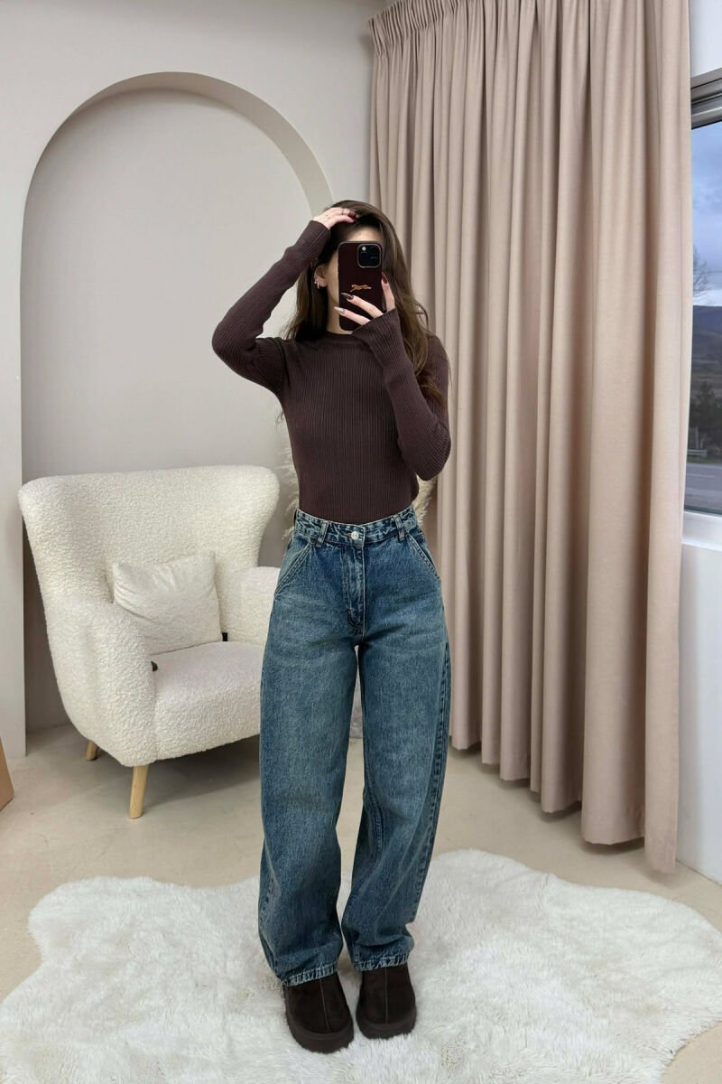 WIDE LEG WOMEN JEANS DARK BLUE/BEE - 2