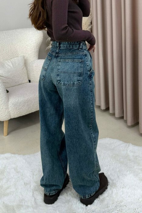 WIDE LEG WOMEN JEANS DARK BLUE/BEE - 5