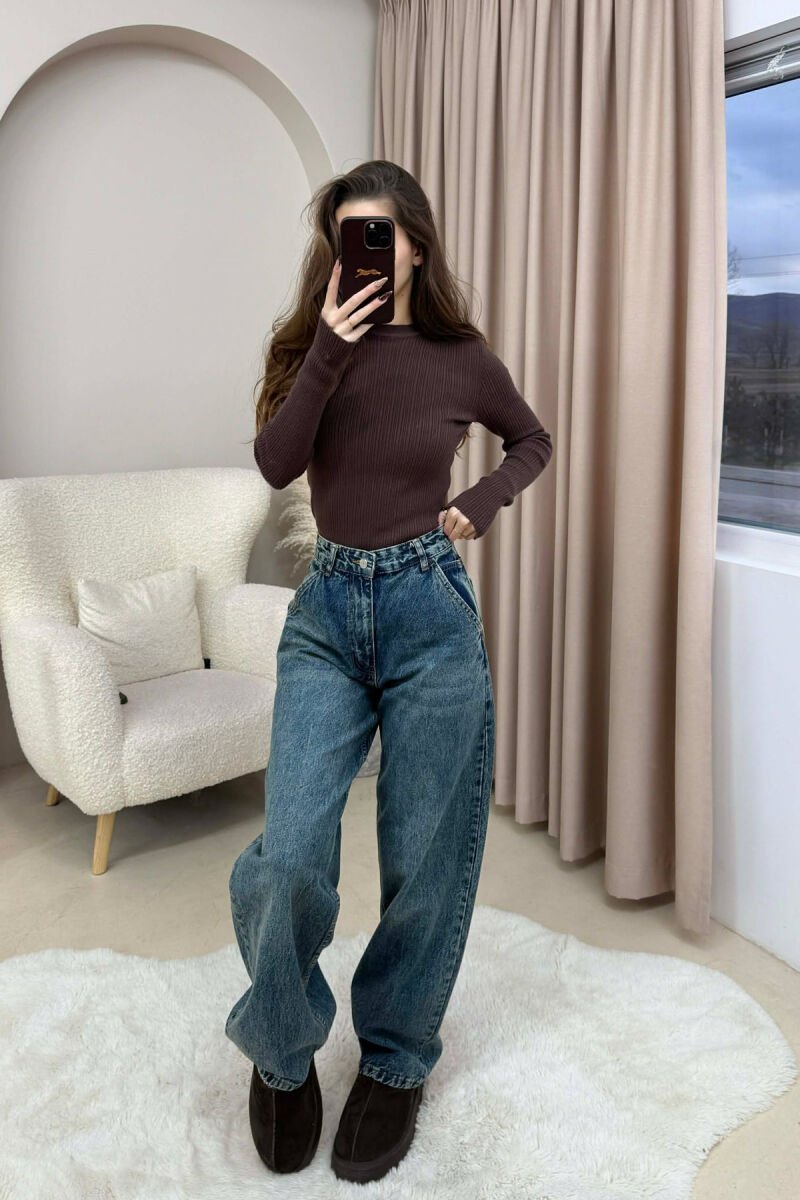 WIDE LEG WOMEN JEANS DARK BLUE/BEE - 3