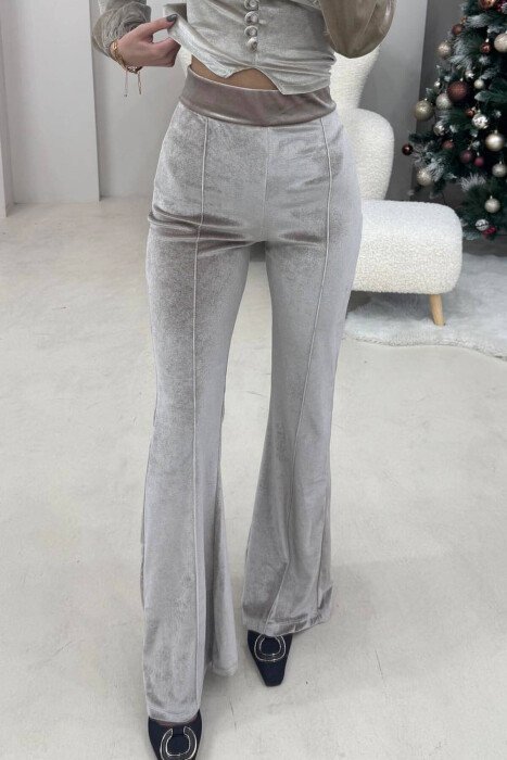 WIDE LEG WOMEN VELVET TROUSERS BEIGE/BEZHE - KLAUDIO FASHION
