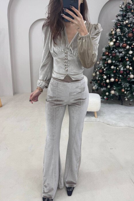 WIDE LEG WOMEN VELVET TROUSERS BEIGE/BEZHE - 2