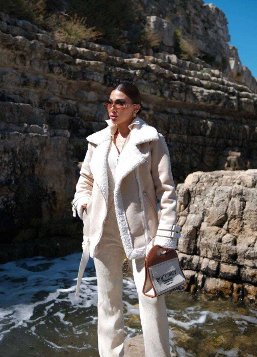 WOOL BELT WOMAN JACKET CREAM/KREM - KLAUDIO FASHION