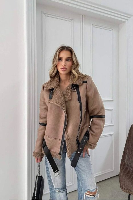 WOOL BELT WOMAN JACKET LIGHT BROWN/KAZB - KLAUDIO FASHION