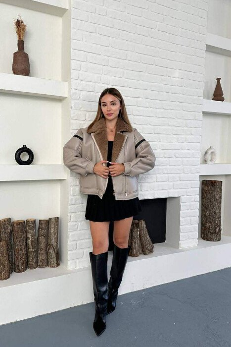 WOOL LEATHER ZIP UP WOMAN JACKET BEIGE/BEZHE - 3