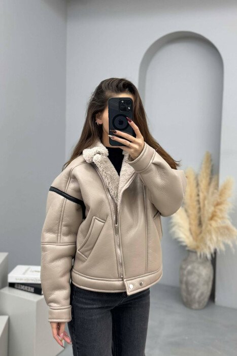 WOOL LEATHER ZIP UP WOMAN JACKET CREAM/KREM - KLAUDIO FASHION