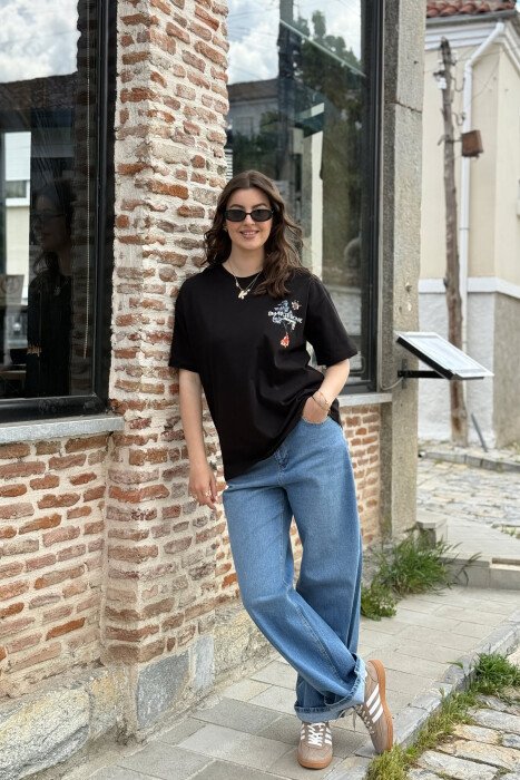 WRITTINGS FLOWERS DESIGN WOMEN T-SHIRT BLACK/ E ZEZE - 1