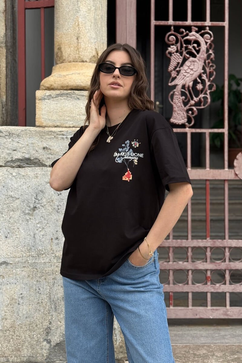 WRITTINGS FLOWERS DESIGN WOMEN T-SHIRT BLACK/ E ZEZE - 2