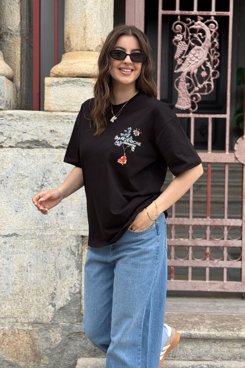 WRITTINGS FLOWERS DESIGN WOMEN T-SHIRT BLACK/ E ZEZE - 3