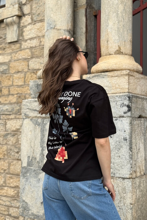 WRITTINGS FLOWERS DESIGN WOMEN T-SHIRT BLACK/ E ZEZE - 5