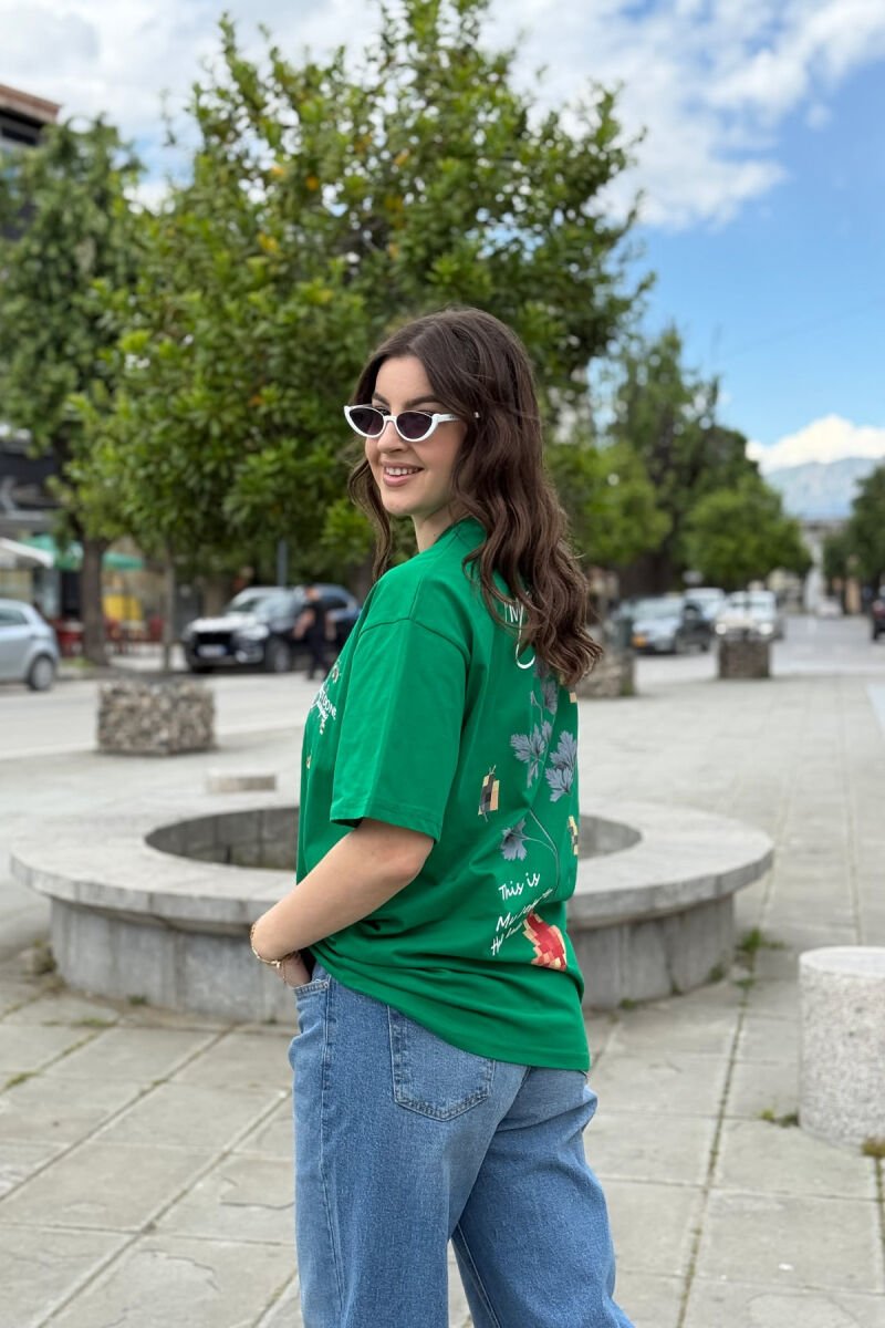 WRITTINGS FLOWERS DESIGN WOMEN T-SHIRT GREEN/JESHILE - 4