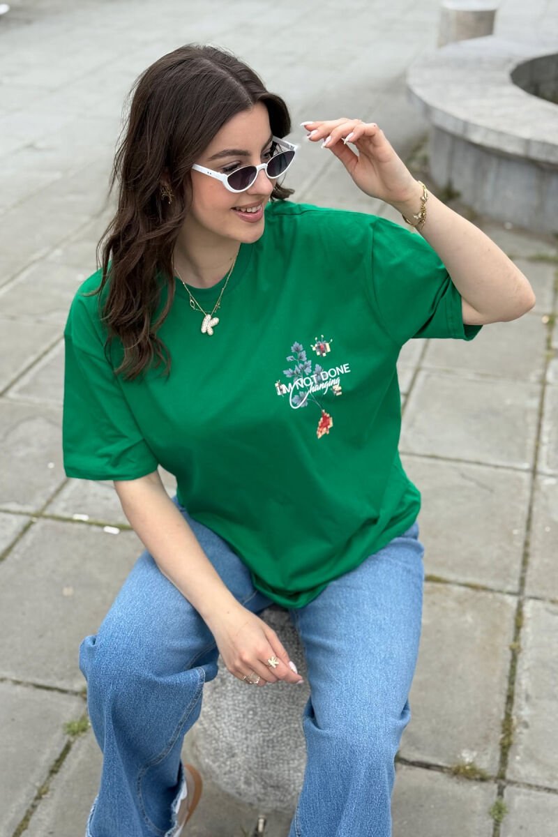WRITTINGS FLOWERS DESIGN WOMEN T-SHIRT GREEN/JESHILE - 5