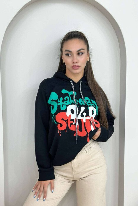 WRITTINGS HOOD COTTON WOMAN HOODIE BLACK/ E ZEZE 