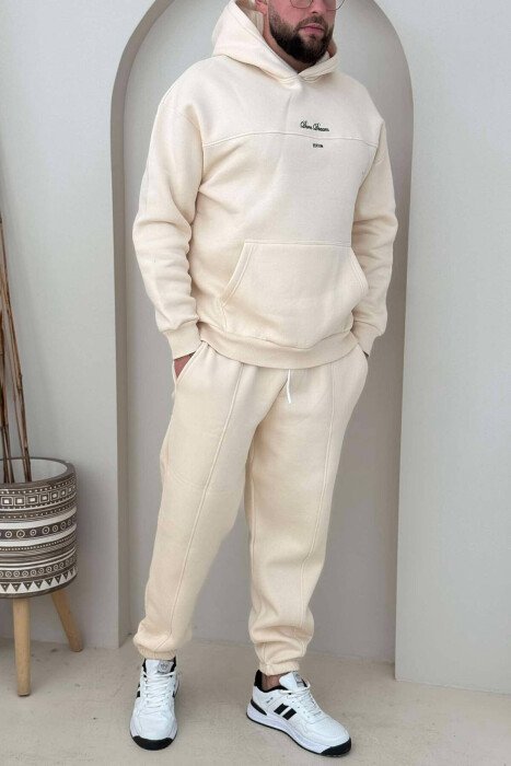 WRITTINGS HOODED MEN FLUFFY SET CREAM/KREM - KLAUDIO FASHION