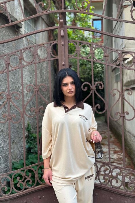 WRITTINGS POLO NECK T-SHIRT + SWEATPANS WOMAN SET BEIGE/BEZHE - 2