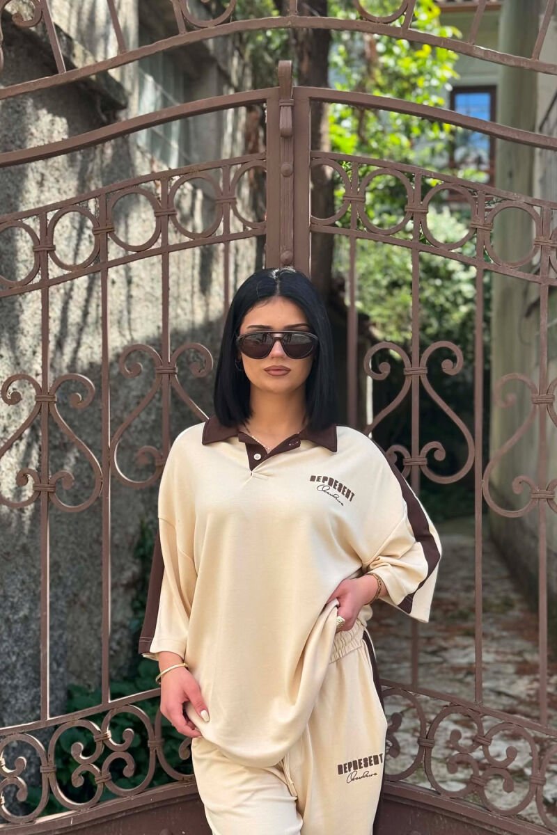 WRITTINGS POLO NECK T-SHIRT + SWEATPANS WOMAN SET BEIGE/BEZHE - 4