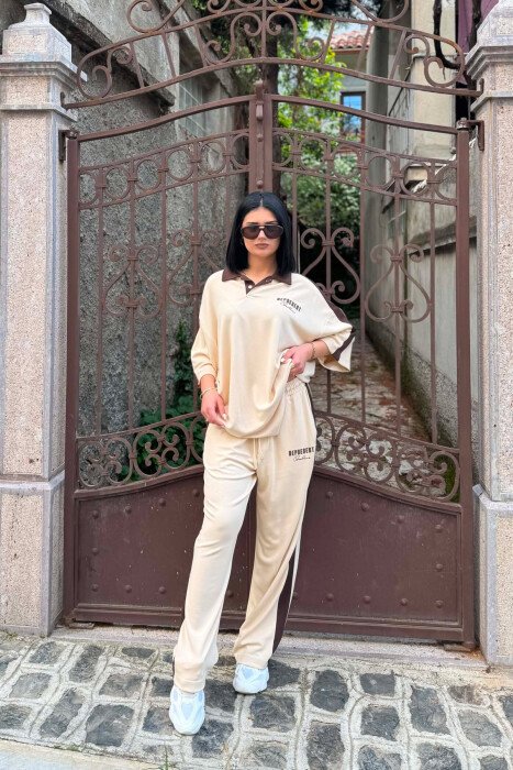 WRITTINGS POLO NECK T-SHIRT + SWEATPANS WOMAN SET BEIGE/BEZHE - 5