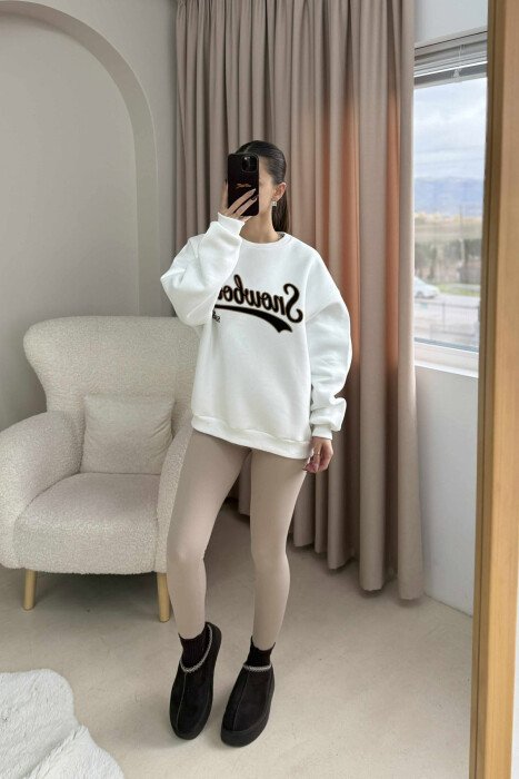 WRITTINGS ROUND NECK FLUFFY WOMEN SWEATSHIRT WHITE-E BARDHE - KLAUDIO FASHION