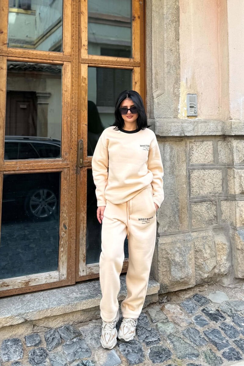 WRITTINGS SWEATSHIRT + SWEATPANTS FLUFFY WOMAN SET BEIGE/BEZHE - 1