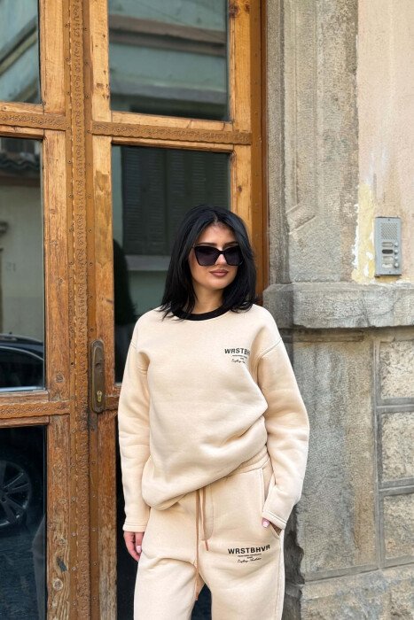 WRITTINGS SWEATSHIRT + SWEATPANTS FLUFFY WOMAN SET BEIGE/BEZHE - 3