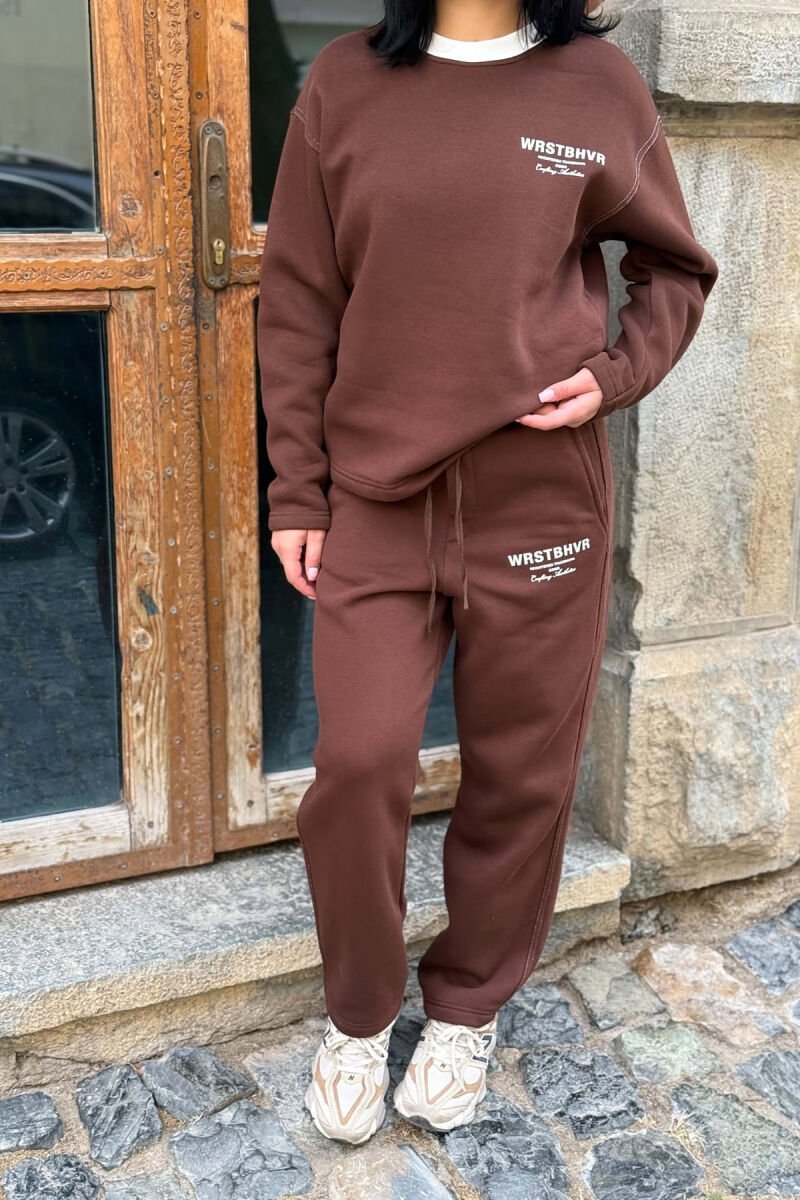 WRITTINGS SWEATSHIRT + SWEATPANTS FLUFFY WOMAN SET BROWN/KAFE - 2
