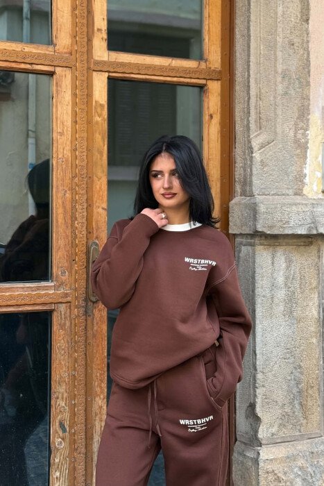 WRITTINGS SWEATSHIRT + SWEATPANTS FLUFFY WOMAN SET BROWN/KAFE - 3