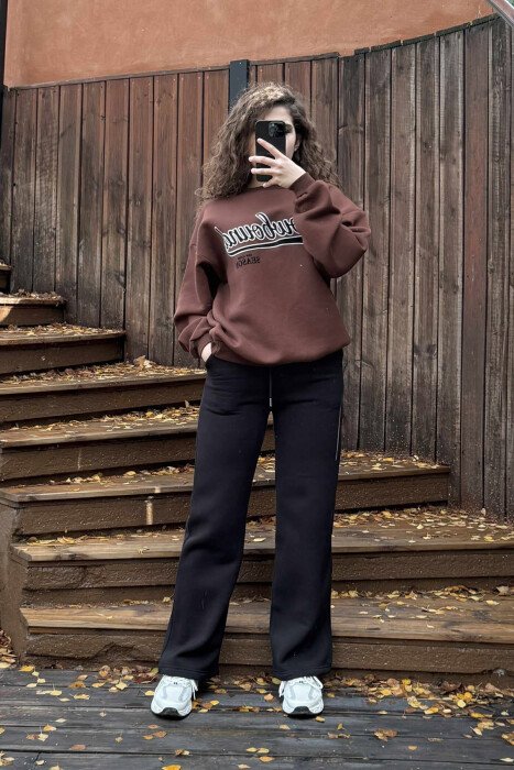 WRITTINGS SWEATSHIRT+SWEATPANTS FLUFFY WOMEN SET BLACK-BROWN/ZEKA - KLAUDIO FASHION