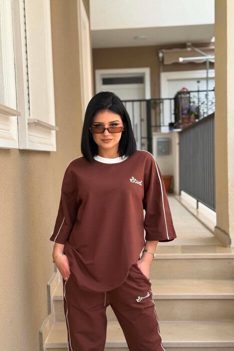 SET T-SHIRT ME SHKRIME + TUTA PER FEMRA NE NGJYRE KAFE - 4