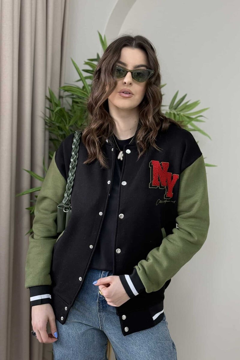 XHAKETË BOMBER E THJESHTË ME PUSH PËR FEMRA NË NGJYRËN E ZEZË ME JESHILE - 2