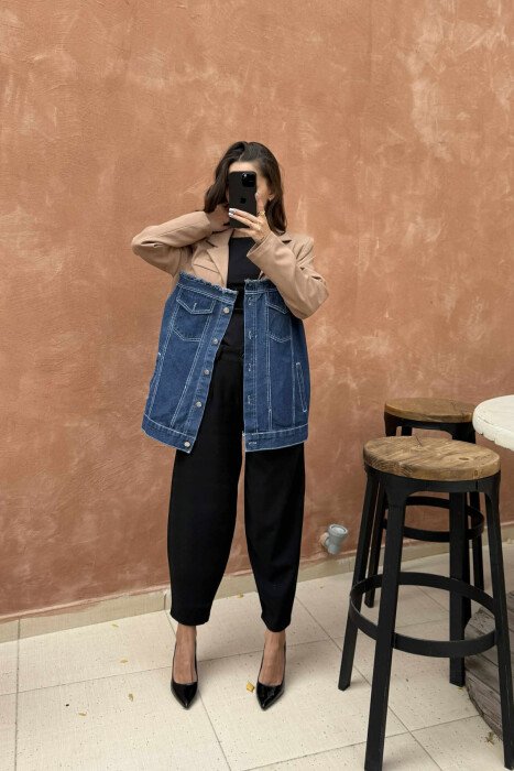 SIMPLE SEMI DENIM DESIGN WOMEN JACKET BROWN/KAFE - 2