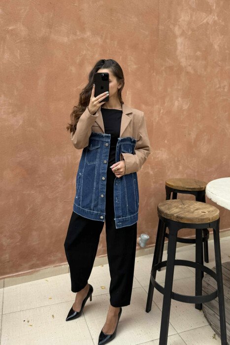 SIMPLE SEMI DENIM DESIGN WOMEN JACKET BROWN/KAFE - 4