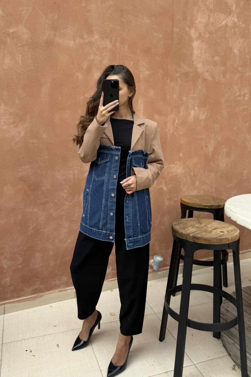 SIMPLE SEMI DENIM DESIGN WOMEN JACKET BROWN/KAFE - 4