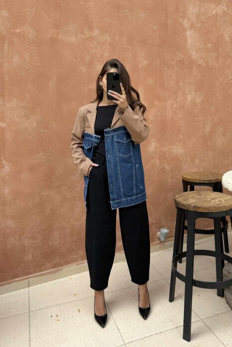 SIMPLE SEMI DENIM DESIGN WOMEN JACKET BROWN/KAFE - 5