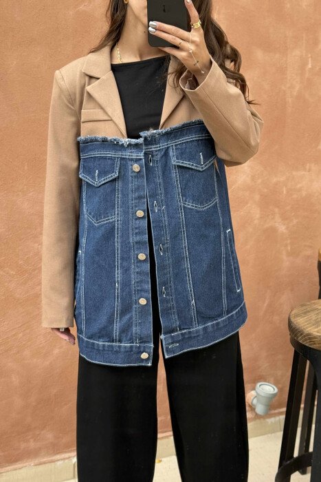 SIMPLE SEMI DENIM DESIGN WOMEN JACKET BROWN/KAFE - KLAUDIO FASHION