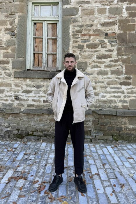 BELTED MEN JACKET WITH ZIPPERS CREAM/KREM - 3