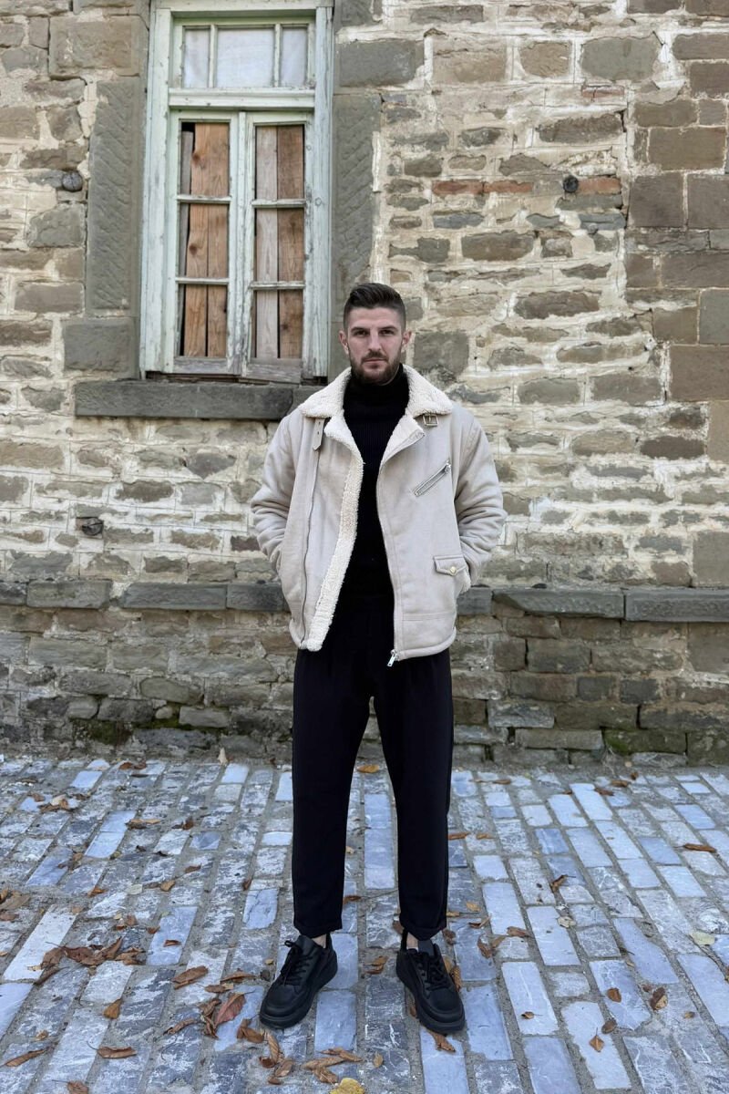 BELTED MEN JACKET WITH ZIPPERS CREAM/KREM - 3