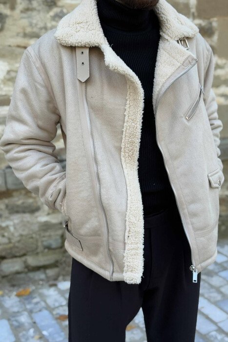 BELTED MEN JACKET WITH ZIPPERS CREAM/KREM - 4