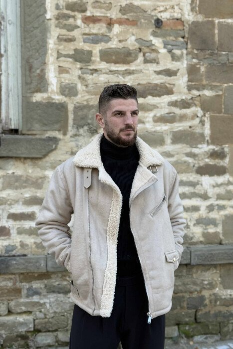 BELTED MEN JACKET WITH ZIPPERS CREAM/KREM - 6