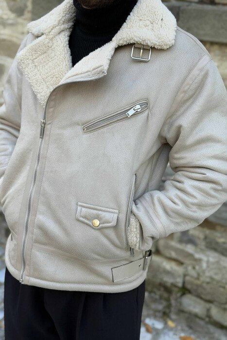 BELTED MEN JACKET WITH ZIPPERS CREAM/KREM - 7